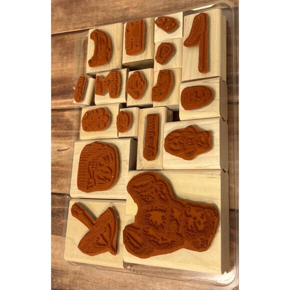 EXCELLENT RARE STAMPIN' UP! BOW BEAR Wood Rubber Stamp set of 17 UMBRELLA PICNIC - Picture 5 of 5